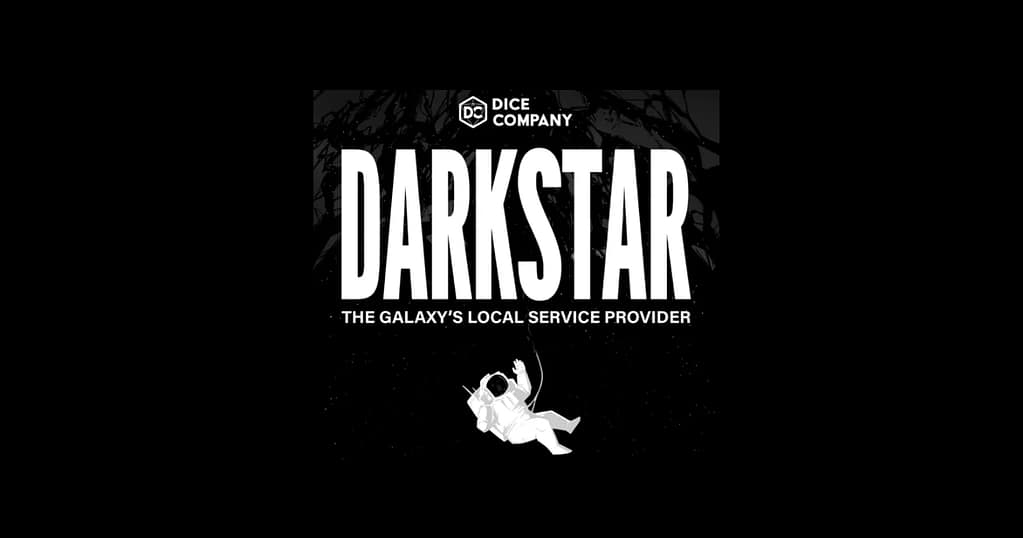 A black background with a person in a space suit falling, under the heading: Dice Company Darkstar - the Galaxy's Local Service Provider
