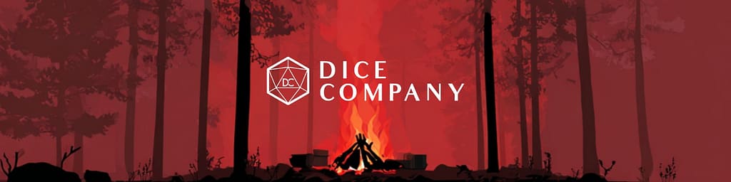A  wide banner showing the words Dice Company Small Embers on a red-coloured forest scene with a campfire