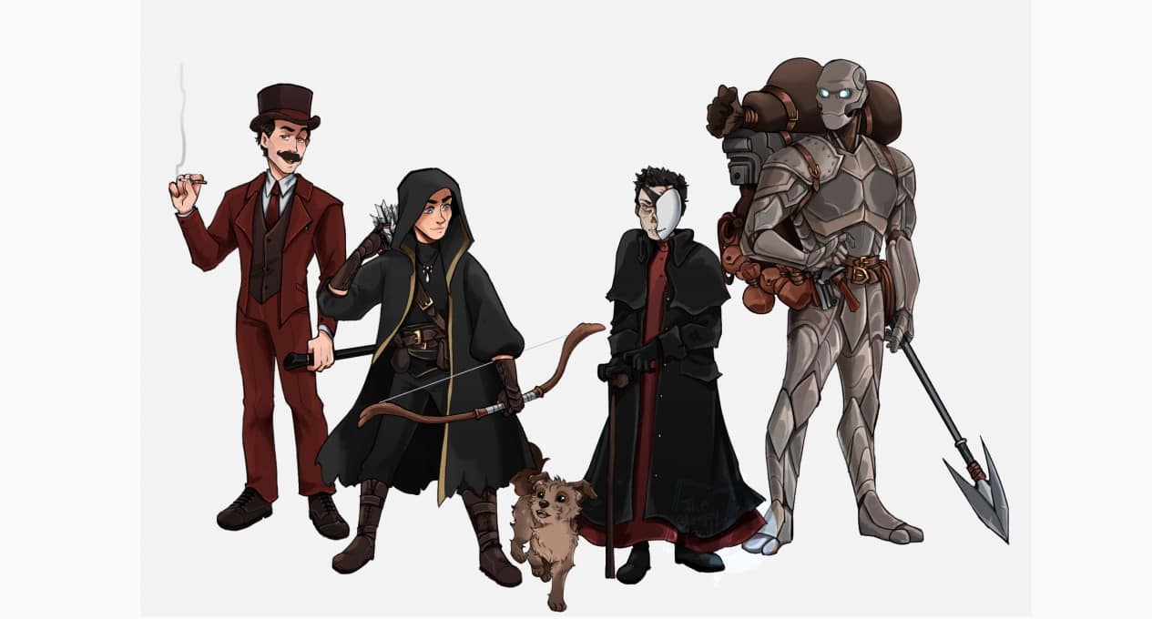 Artwork of the Dice Company characters - Augustus in a top hat, Bennie with a bow, Lenny the dog, Vander in a mask, Tock the automaton